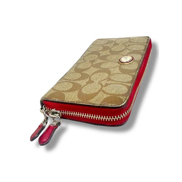 Coach Signature Zip Around Wallet Khaki Red Trim – Wear on Edges - Picture 5 of 9